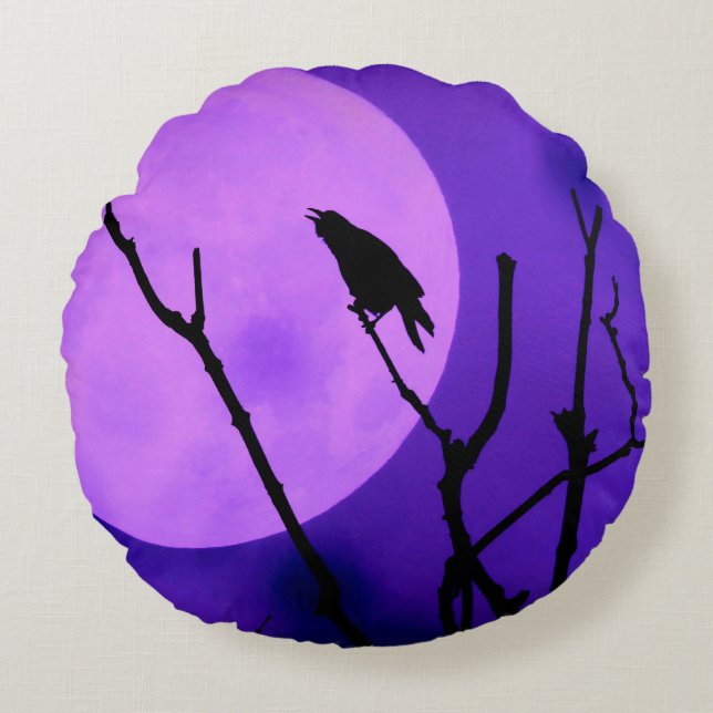Coussins Ronds Le Corbeau, La Lune, Le Ciel Violet (Devant)