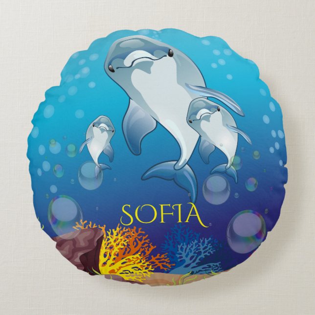 Coussins Ronds Lecteur Dolphin rond pour enfants personnalisés. (Devant)