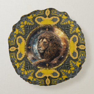 Coussins Ronds Léon Courageux Zodiaque Or Jaune Fractale Mandala