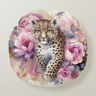 Coussins Ronds Leopard Cub & Rose Lame ronde