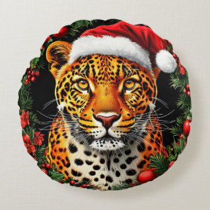 Coussins Ronds Léopard de fête portant un chapeau de Père Noël
