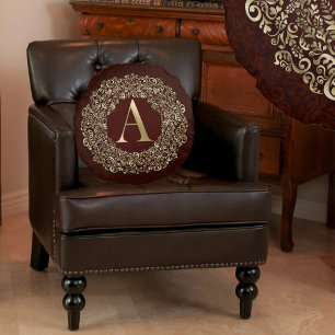 Coussins Ronds Lettre A Monogramme Luxe Or Bourgogne damassé