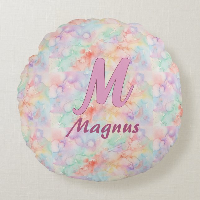 Coussins Ronds lettre c initiale nom pastel aquarelle rose bleu (Devant)