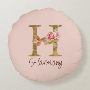Coussins Ronds Lettre de nom personnalisée H Rose blush doré Rose