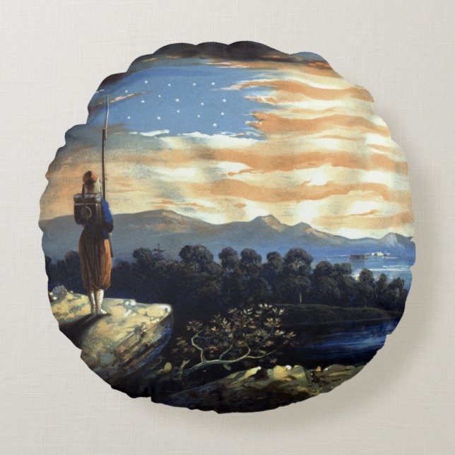 Coussins Ronds Lever de soleil céleste du drapeau américain dans  (Devant)