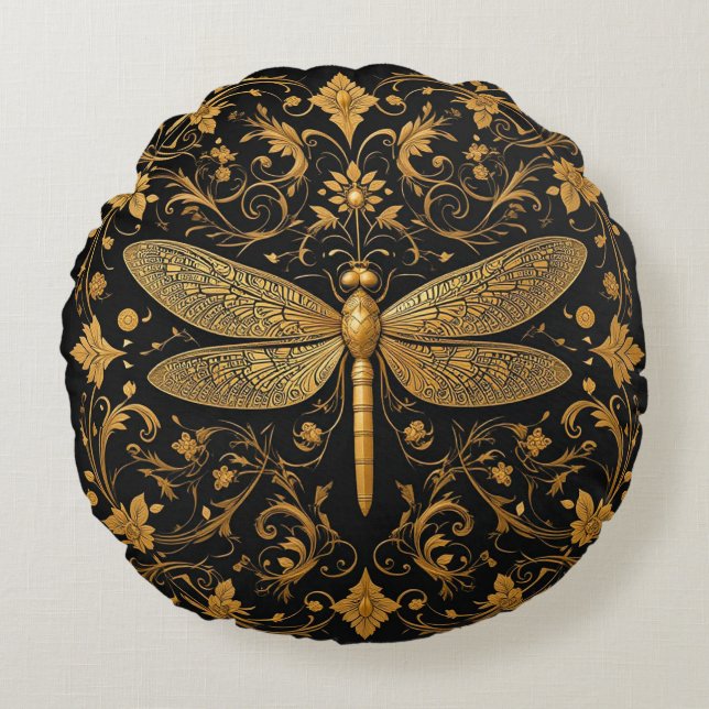 Coussins Ronds Libellule dorée exquise avec art floral (Devant)