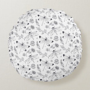 Coussins Ronds Libellule Éthérée & Motif d'Art Botanique en Ligne