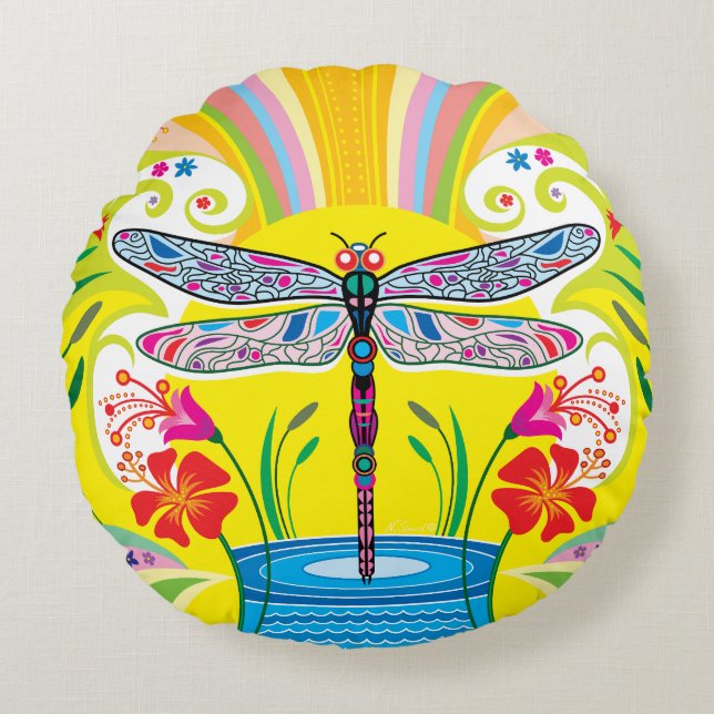 Coussins Ronds Libellule radieuse et fleurs sauvages (Devant)