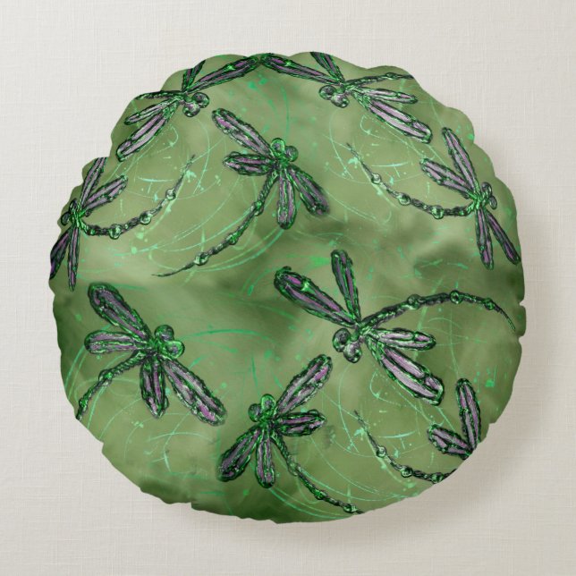 Coussins Ronds Libellules à ailes violettes sur fond vert citron  (Devant)