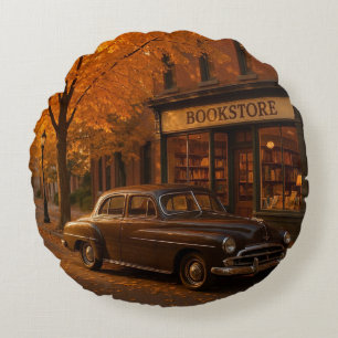 Coussins Ronds Librairie Automne/Automne vintage et voiture