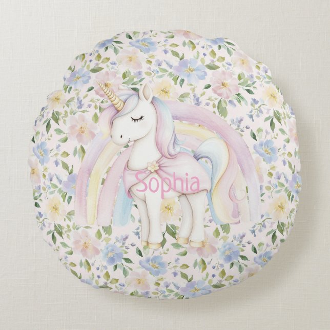 Coussins Ronds Licorne Arc-en-ciel Fleur Rose  (Devant)