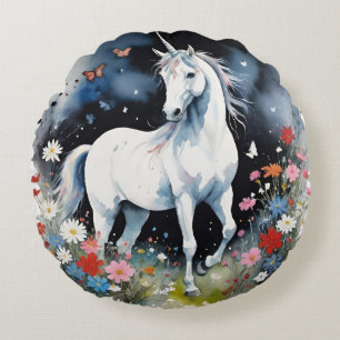 Coussins Ronds Licorne Blanche Magique Dans Un Jardin De Nuit