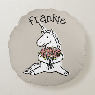 Coussins Ronds Licorne blanche mignonne et roses nom personnalisé