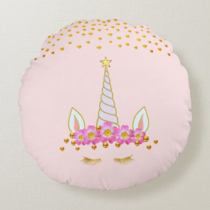 Coussins Ronds Licorne dorée, fleurs et confettis dorés sur fond 