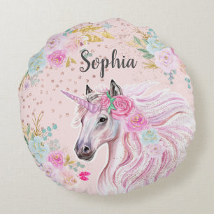 Coussins Ronds Licorne Fille Rose Floral Pailleté Or Nom Âge