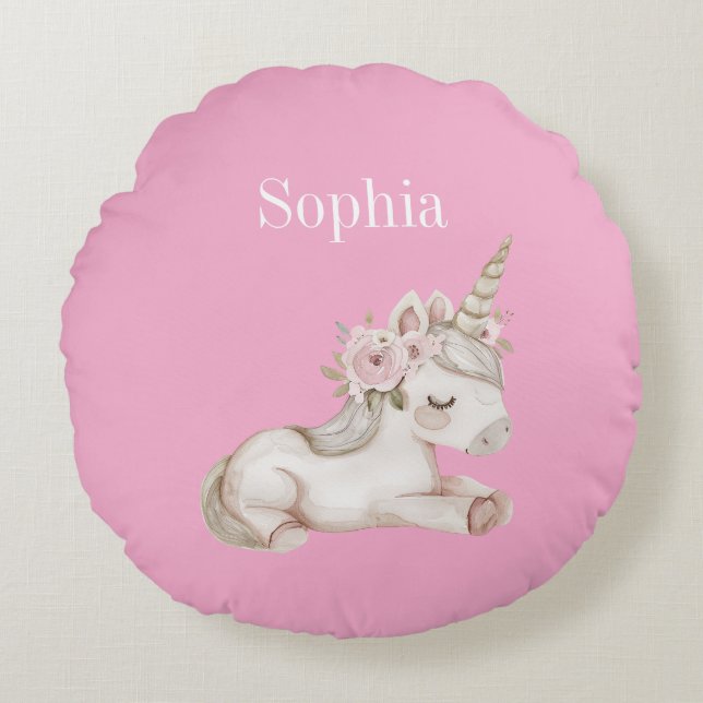 Coussins Ronds Licorne Florale Rose Blanc Joliment (Devant)