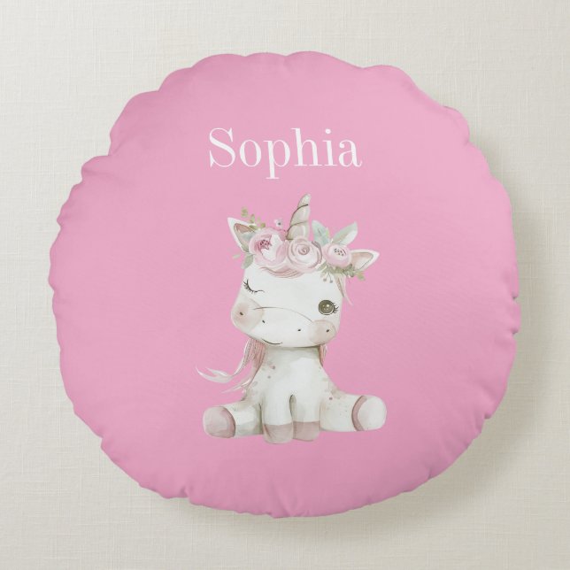 Coussins Ronds Licorne Florale Rose Blanc Mignon (Devant)