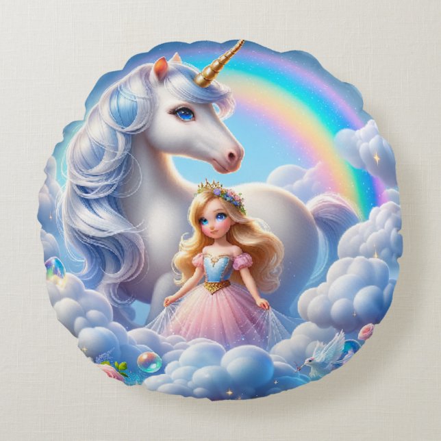 Coussins Ronds Licorne Princesse Oreiller Arc-en-Ciel – Conte de  (Devant)