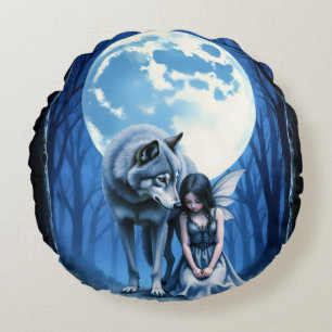Coussins Ronds Lien sous la lune – Le Loup et la Fée Gothique.