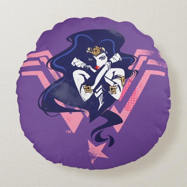 Coussins Ronds Ligue de Justice | Wonder Woman & Symbol Pop Art (Devant)
