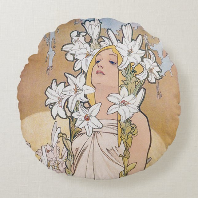 Coussins Ronds Lily (Quatre Fleurs), Oreiller Alphonse Mucha (Devant)