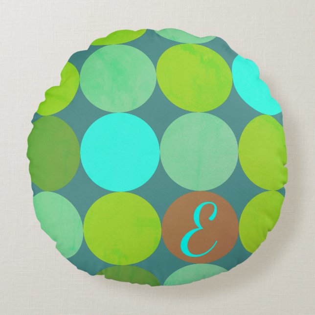 Coussins Ronds Lime Vert Turquoise Turquoise & Rust Cercles Monog (Devant)