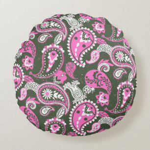 Coussins Ronds Linocut Paissière Traditionnel Rose Profond Vert