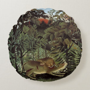 Coussins Ronds Lion affamé par Henri Rousseau, animal sauvage Vin