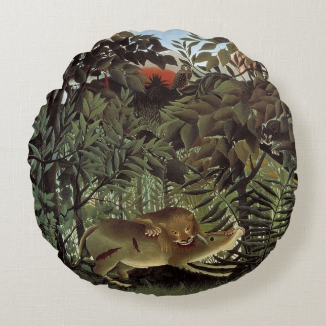 Coussins Ronds Lion affamé par Henri Rousseau, animal sauvage Vin (Devant)