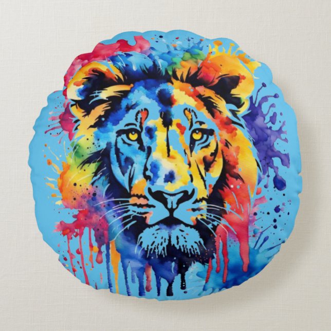 Coussins Ronds Lion coloré drôle d'aquarelle (Devant)