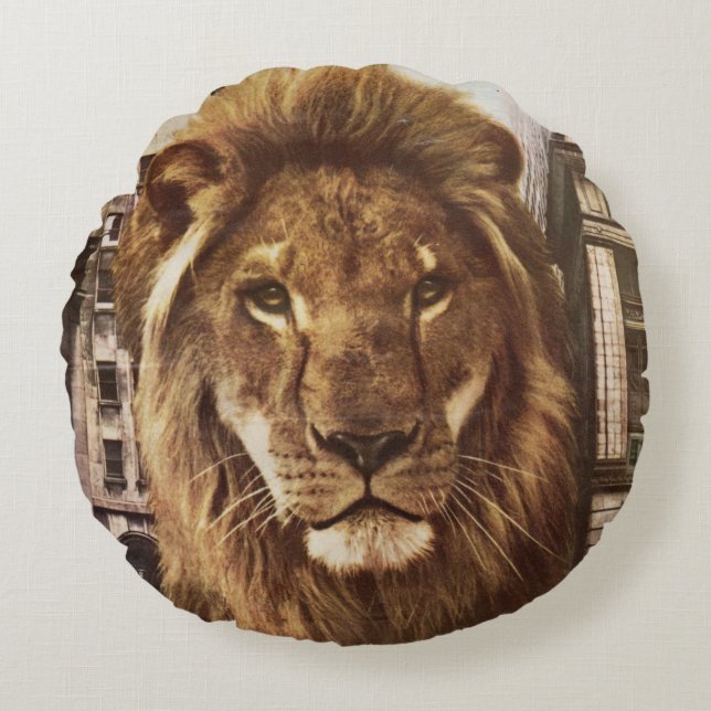 Coussins Ronds lion en ville (Devant)