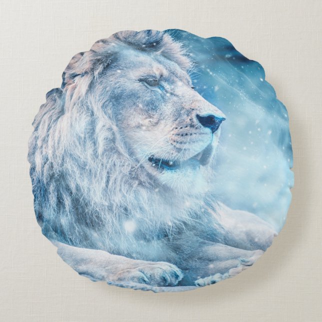 Coussins Ronds Lion neige couché animal d'art (Devant)