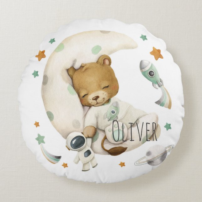 Coussins Ronds Lion spatial dormant sur la lune (Devant)