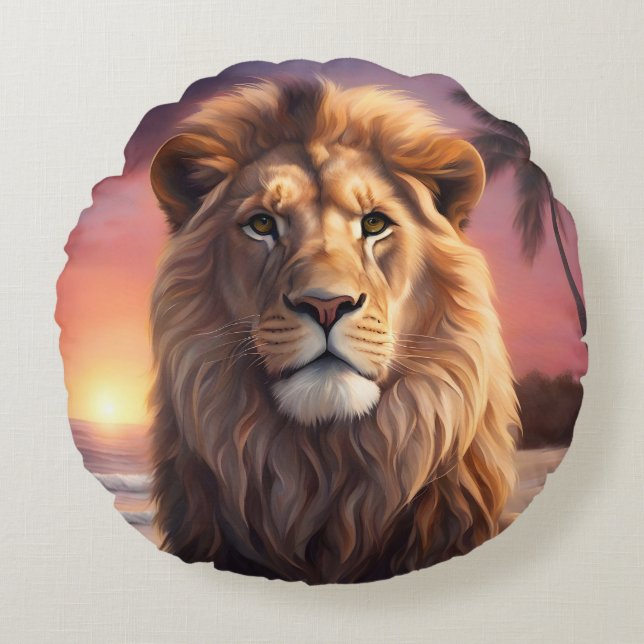 Coussins Ronds Lion sur la plage (Devant)