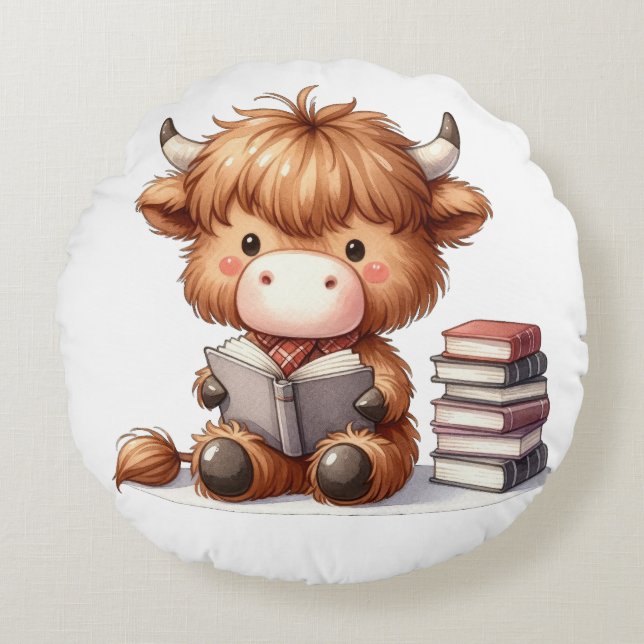 Coussins Ronds Livres de lecture Highland Cow (Devant)