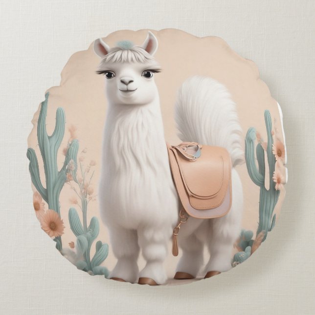 Coussins Ronds Llama à selle dans le désert (Devant)