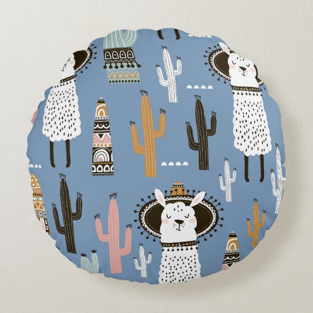 Coussins Ronds Llama, Cactus, Motif d'éléments à main. (Devant)