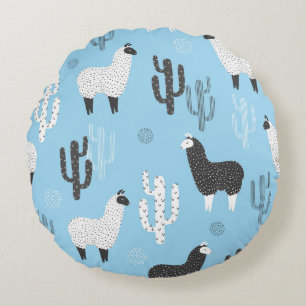 Coussins Ronds Llama et cactus, motif mignon.