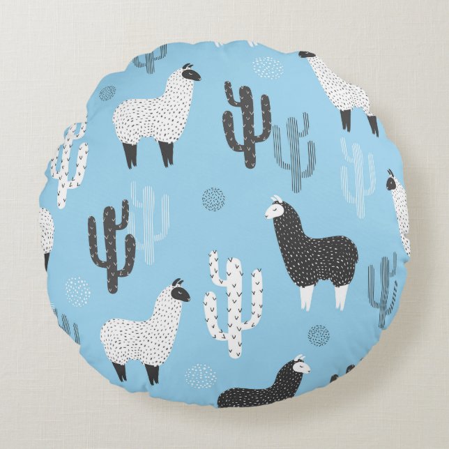 Coussins Ronds Llama et cactus, motif mignon. (Devant)