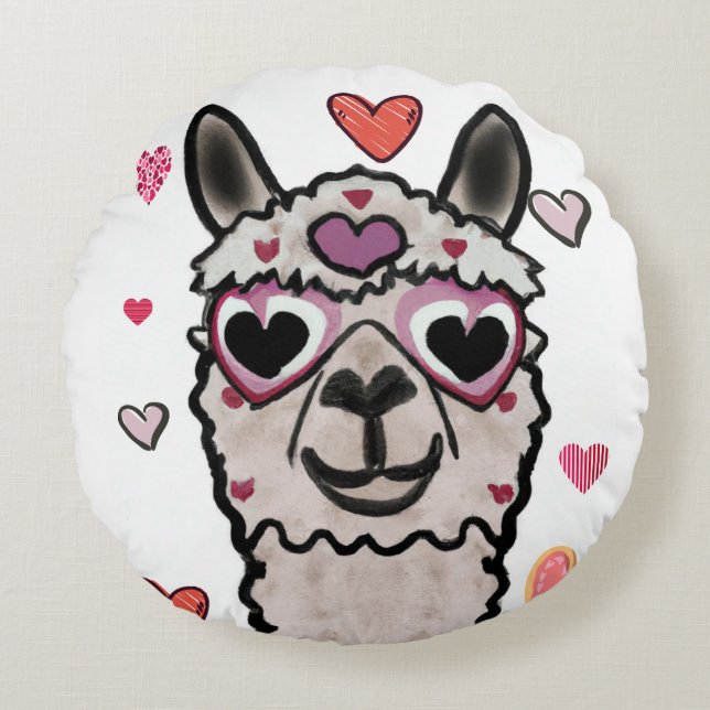 Coussins Ronds Llama Love Hearts Valentine's Throw Pillow (Devant)