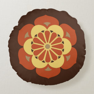 Coussins Ronds Lotus Flower Mandala, Brown, rouille et jaune