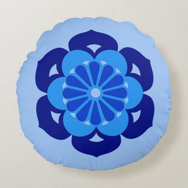 Coussins Ronds Lotus Flower Mandala, Indigo et bleu clair (Devant)