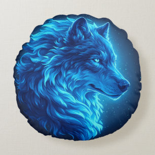 Coussins Ronds Loup Bleu Majestueux Art de Faune Fantastique Lumi