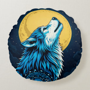 Coussins Ronds Loup bleu mystique hurlant à la pleine lune