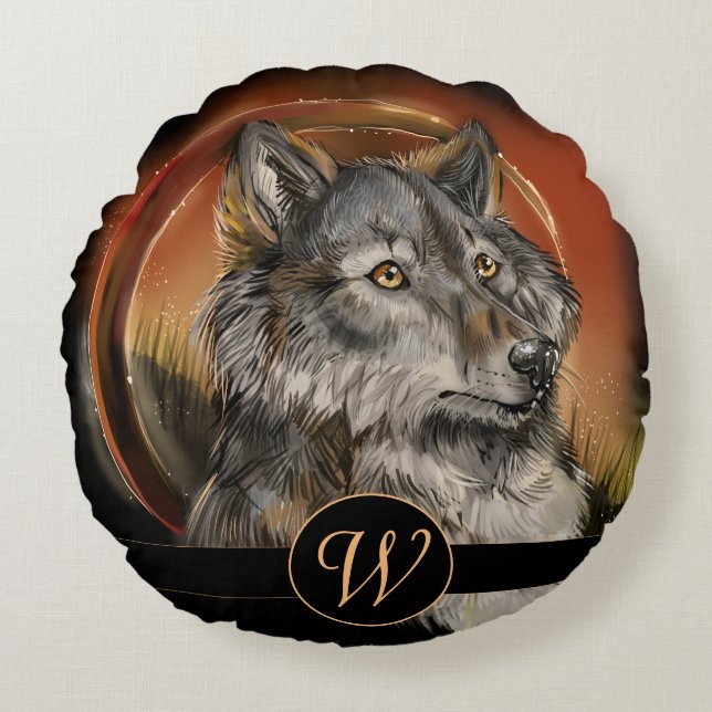 Coussins Ronds Loup de Monogramme de Regard d'or (Devant)