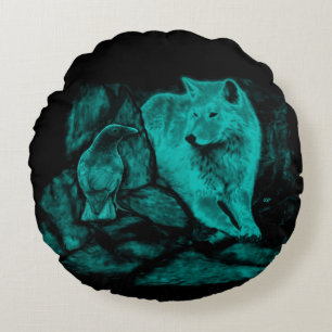 Coussins Ronds Loup et corbeau dans la nuit