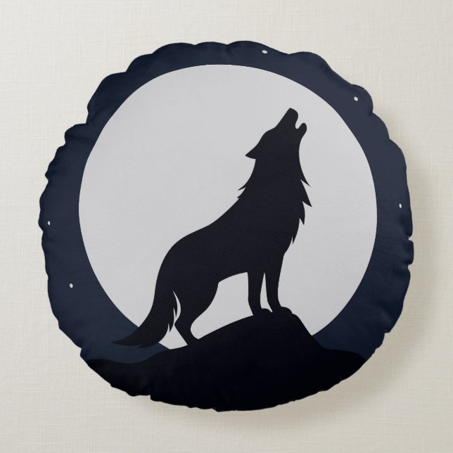 Coussins Ronds Loup hurlant à la lune (Devant)