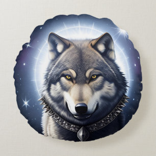 Coussins Ronds Loup Majestueux Sous un Ciel Étoilé