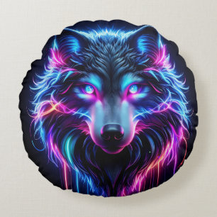 Coussins Ronds Loup Néon Yeux Lumineux Animal Futuriste Cyberpunk