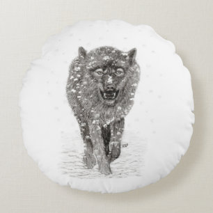 Coussins Ronds Loup noir en colère dans la neige, hiver sauvage